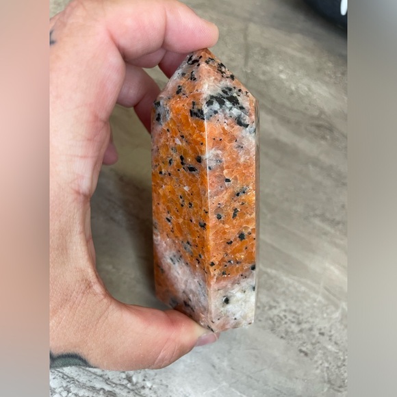 Orange Calcite with Tourmaline Crystal Tower - Picture 3 of 3